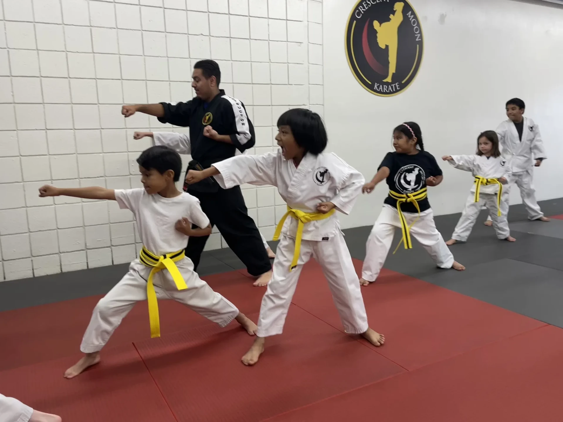 Students in yellow belts practicing punches together during a Kids Karate class.
